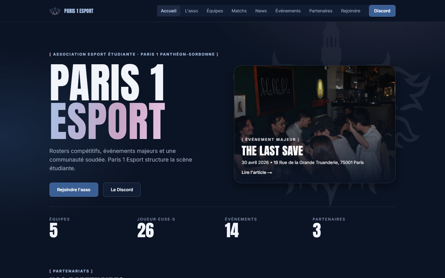 Screenshot of Paris 1 Esport website